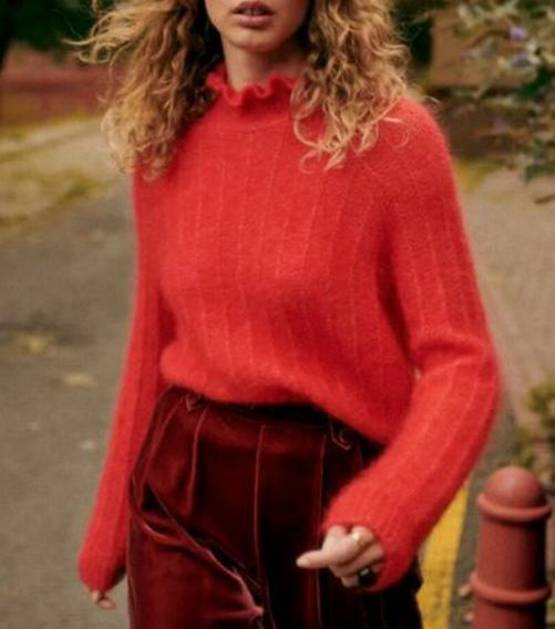 SEZANE MOHAIR MARINO WOOL LORIS JUMPER RED RUFFLE HIGH NECKLINE SIZE SMALL