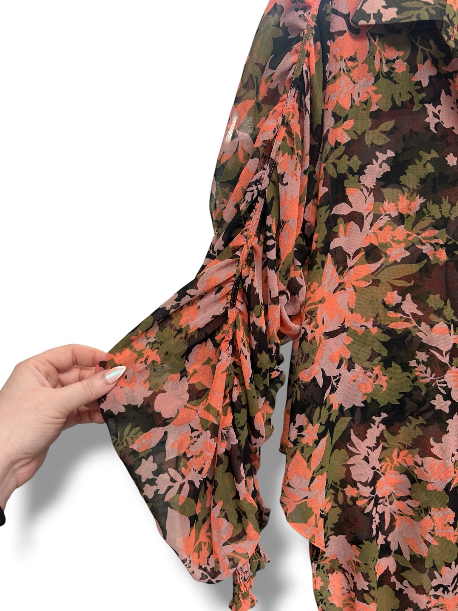 NEW WITH TAGS MISA SEMI SHEER FLORAL PINK CHIFFON RUCHED SLEEVES BLOUSE SIZE XS