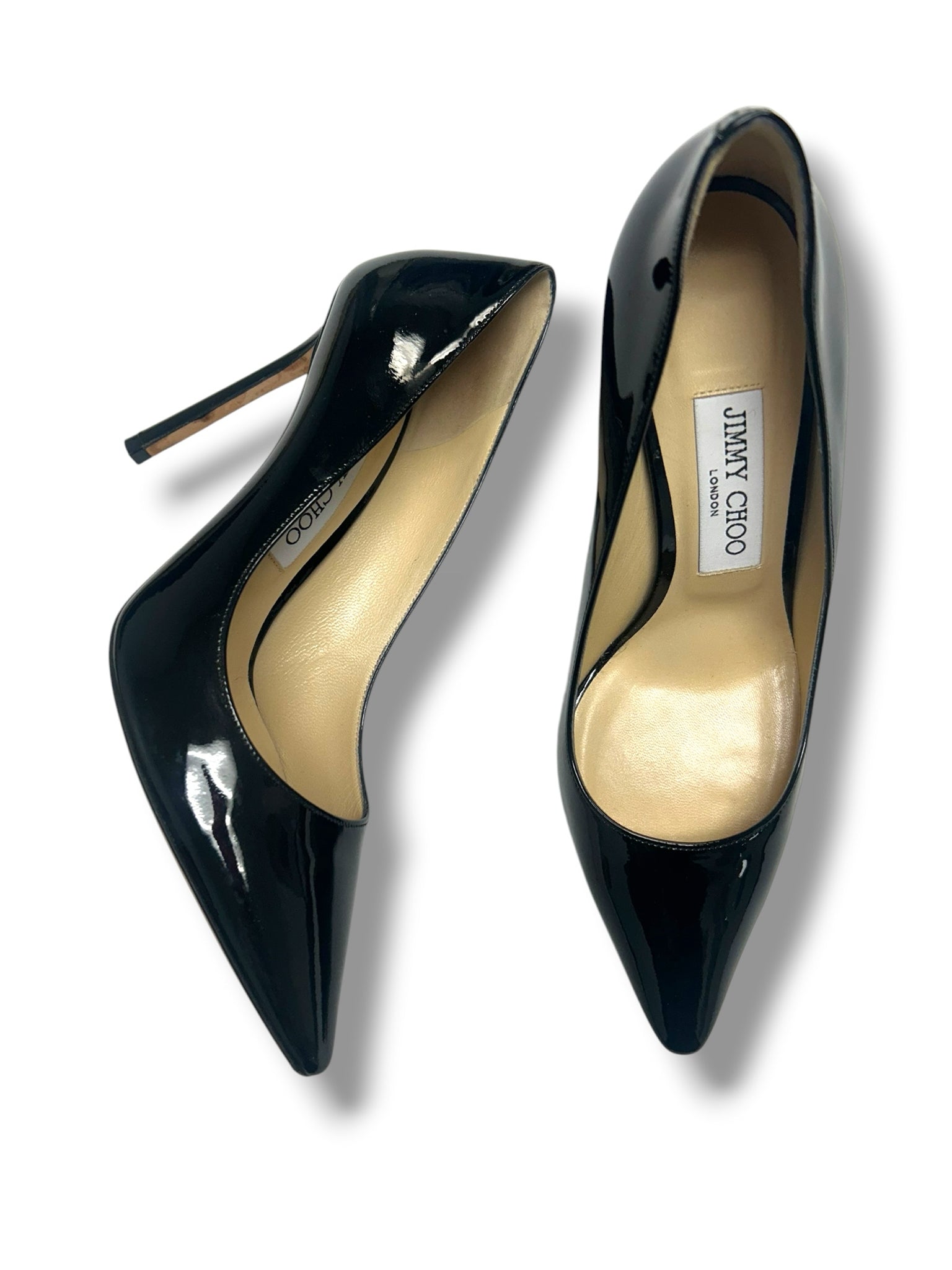 JIMMY CHOO ROMY100MM PATENT LEATHER STILETTO BLACK PUMPS SIZE 37.5