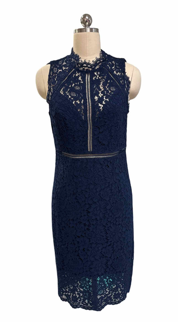 BARDOT ISLA LACE OVERLAY PANELLED NAVY MIDI DRESS SIZE 10