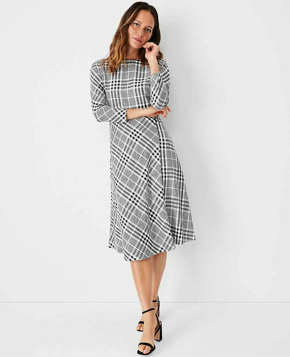 ANN TAYLOR NWT! PLAID MIDI BLACK/WHITE DRESS SIZE 16