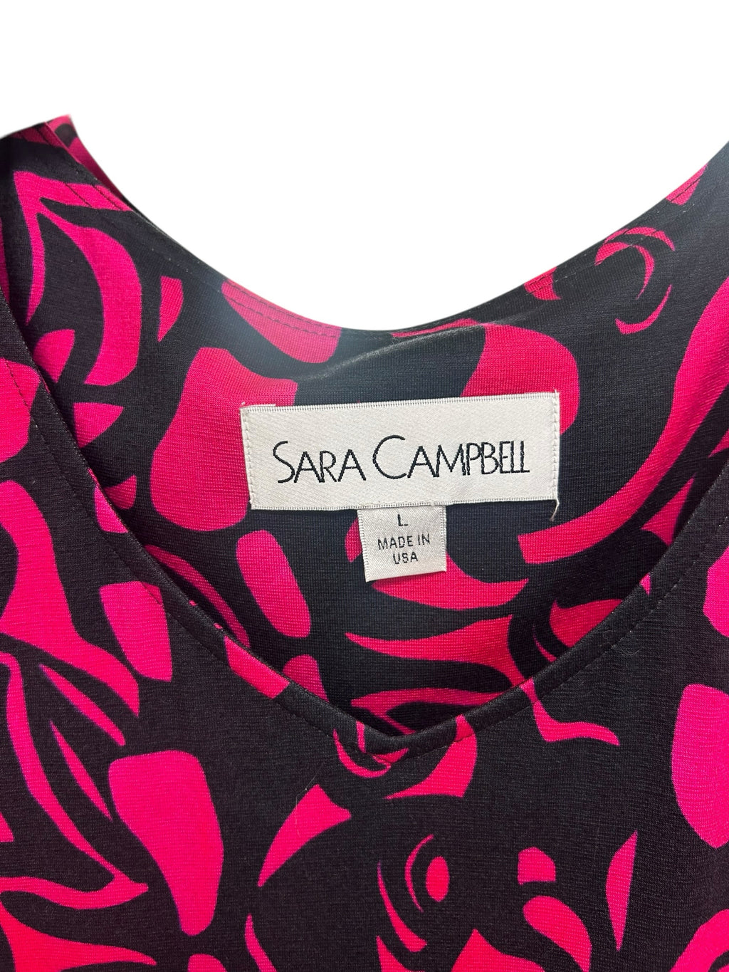 SARA CAMPBELL RUE MIDI PINK BLACK 3/4 V NECK DRESS SIZE LARGE