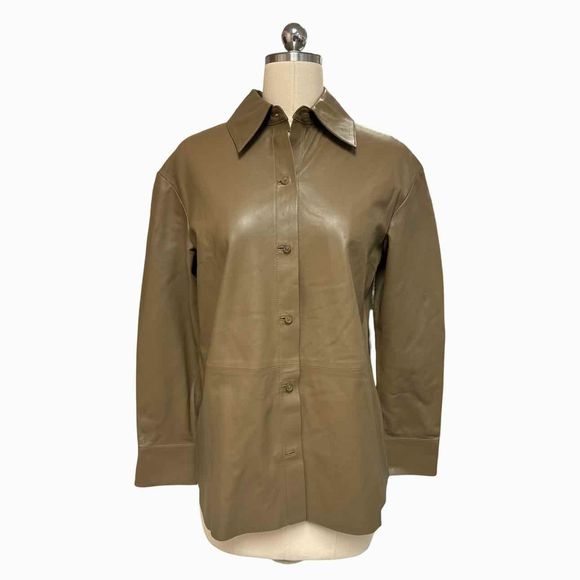 VINCE NEW! LAMBSKIN LEATHER DROP SHOULDER BUTTON UP OLIVE SHIRT SIZE XS