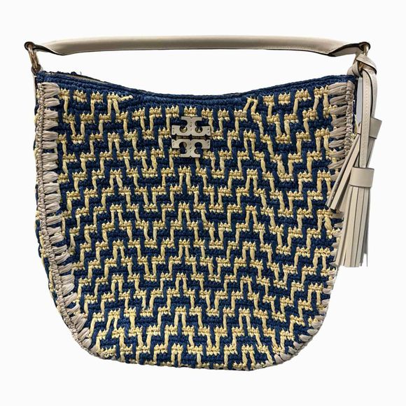TORY BURCH BLUE/CREAM THEA STRAW BUCKET BAG