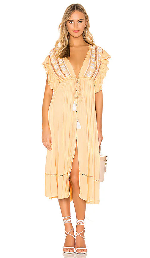 FREE PEOPLE WILL WAIT FOR YOU EMBROIDERED BOHO MIDI YELLOW DRESS SIZE SMALL