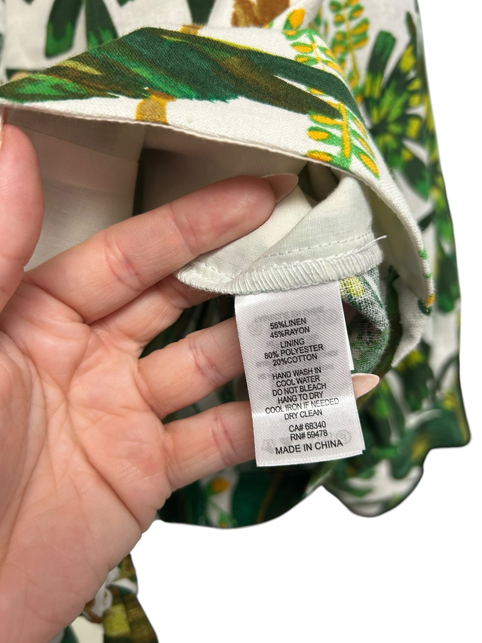 JOIE GREEN PALM PRINT LINEN RAYON BUTTON UP TIE FRONT BLOUSE SIZE LARGE