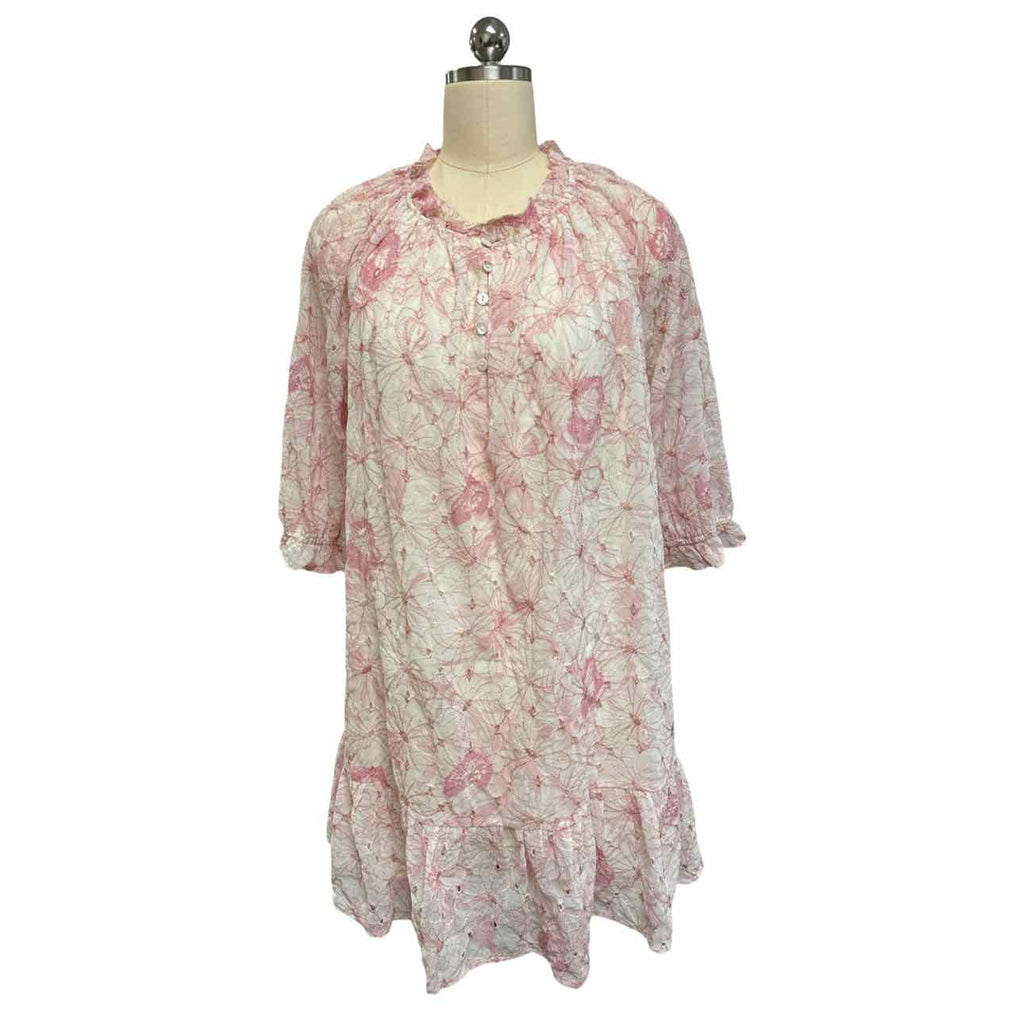 VOY PINK FLORAL EYELET RUFFLE BLUSH DRESS SIZE L