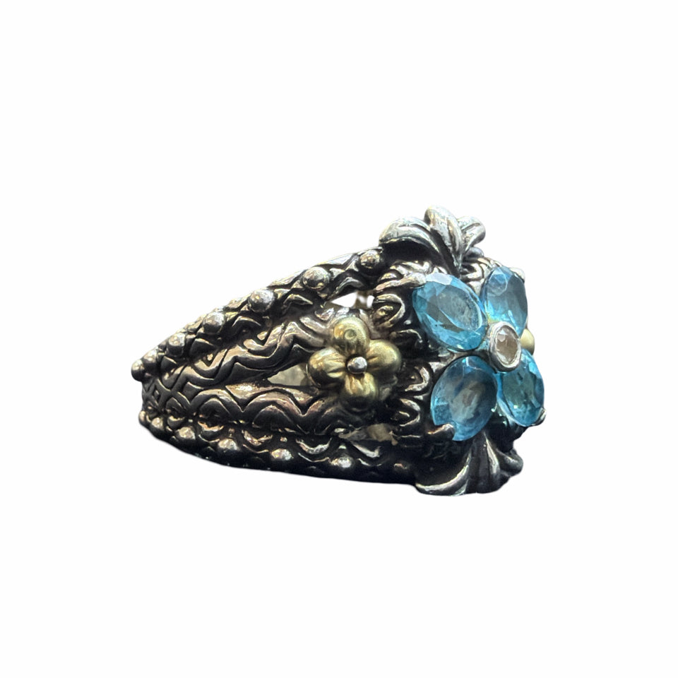 BARBARA BIXBY BLUE TOPAZ STERLING & YELLOW GOLD FLOWER RING SIZE 8