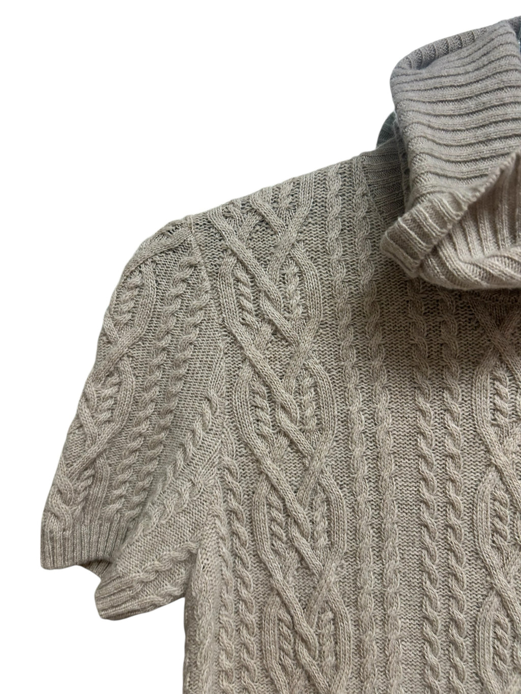 LAFAYETTE 148 CREAM WOOL CASHMERE CABLE KNIT SHORT SLEEVE TURTLENECK SWEATER