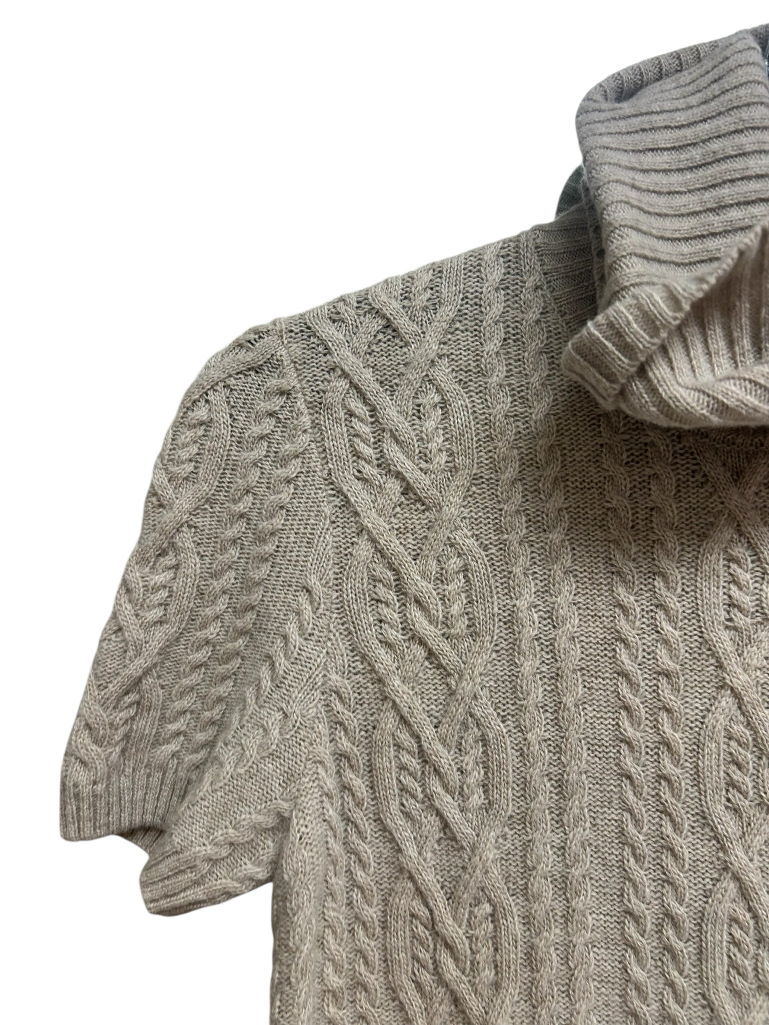 LAFAYETTE 148 CREAM WOOL CASHMERE CABLE KNIT SHORT SLEEVE TURTLENECK SWEATER