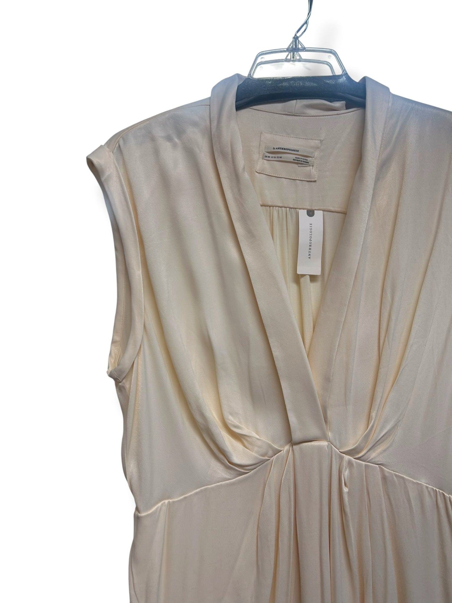 NWT ANTHROPOLOGIE TWIST FRONT SATIN SLEEVELEESS CREAM LONG DRESS SIZE 14
