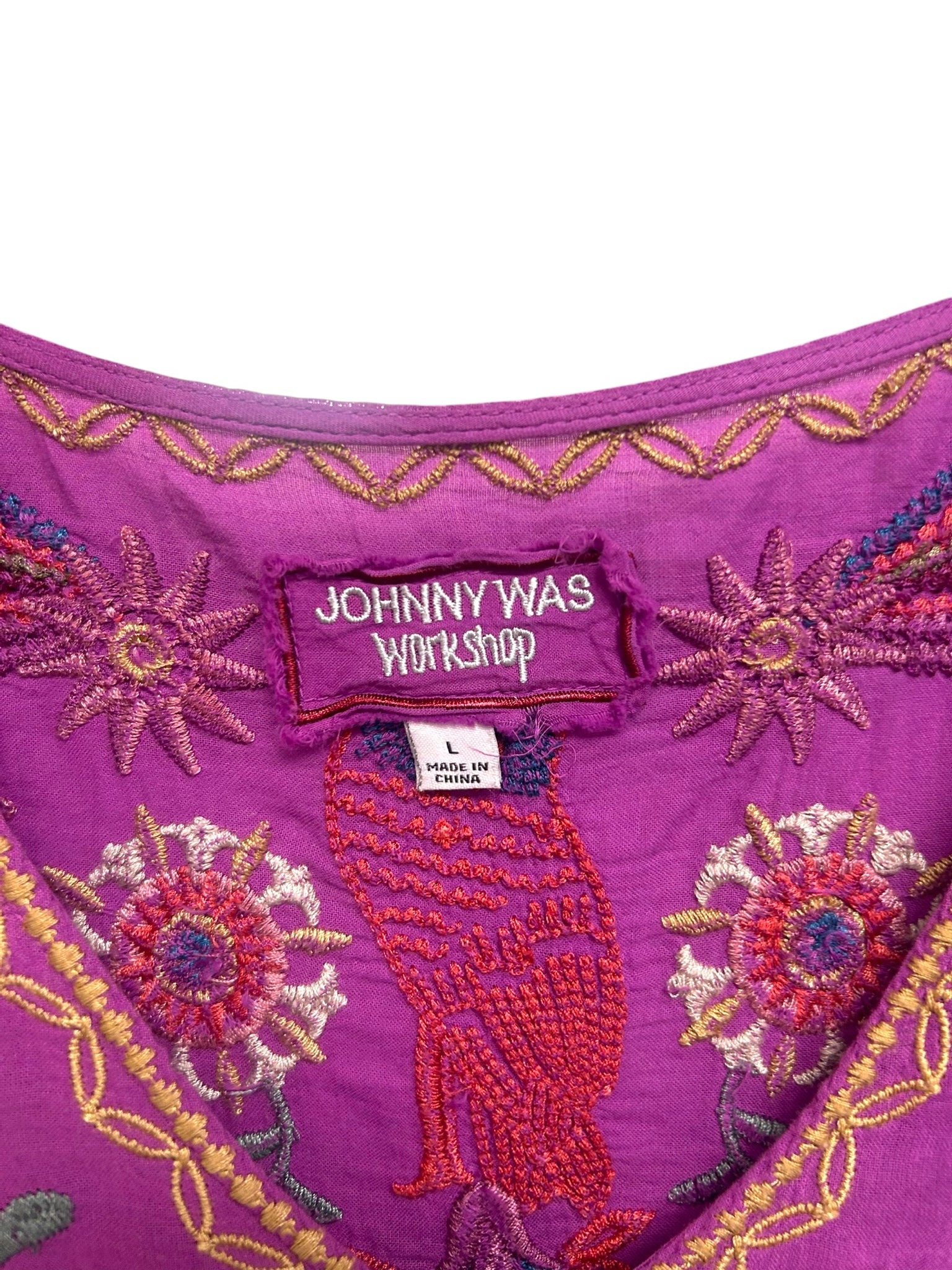JOHNNY WAS LUCY EASY TIERED MINI PURPLE EMBROIDERED DRESS SIZE LARGE