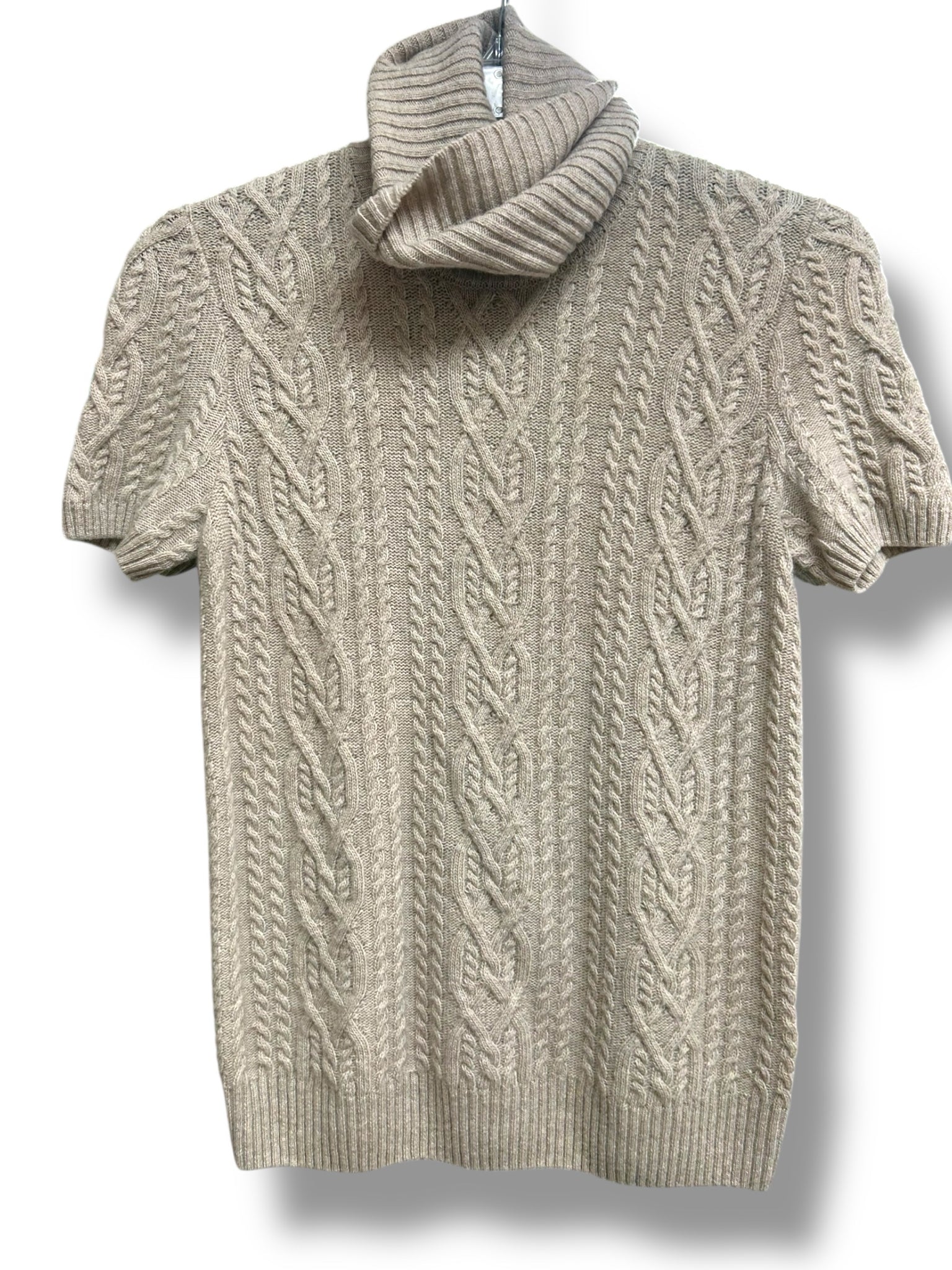 LAFAYETTE 148 CREAM WOOL CASHMERE CABLE KNIT SHORT SLEEVE TURTLENECK SWEATER