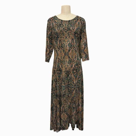 PERUVIAN CONNECTION 96% COTTON 3/4 SLEEVE BROWN PRINT MAXI DRESS SIZE M