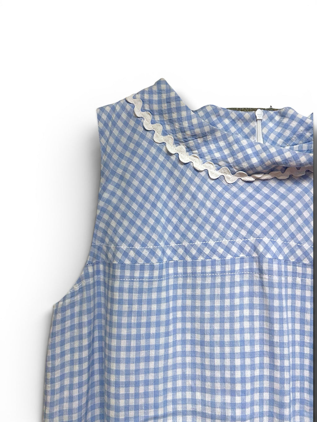SARA CAMPBELL GINGHAM RIC-RAC TRIM LINEN BLUE WHITE MINI DRESS SIZE LARGE