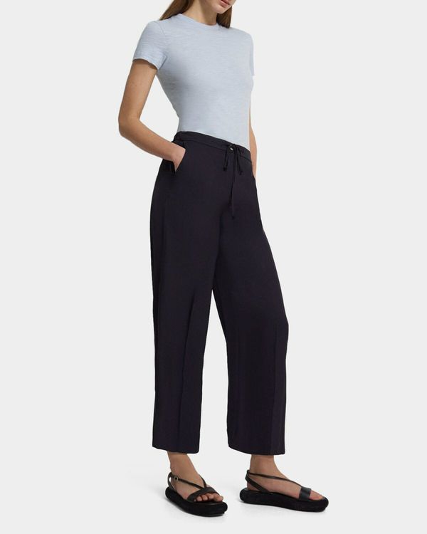 THEORY CROP WIDE LEG BLACK CROP PANT IN WASHED TWILL SIZE 6