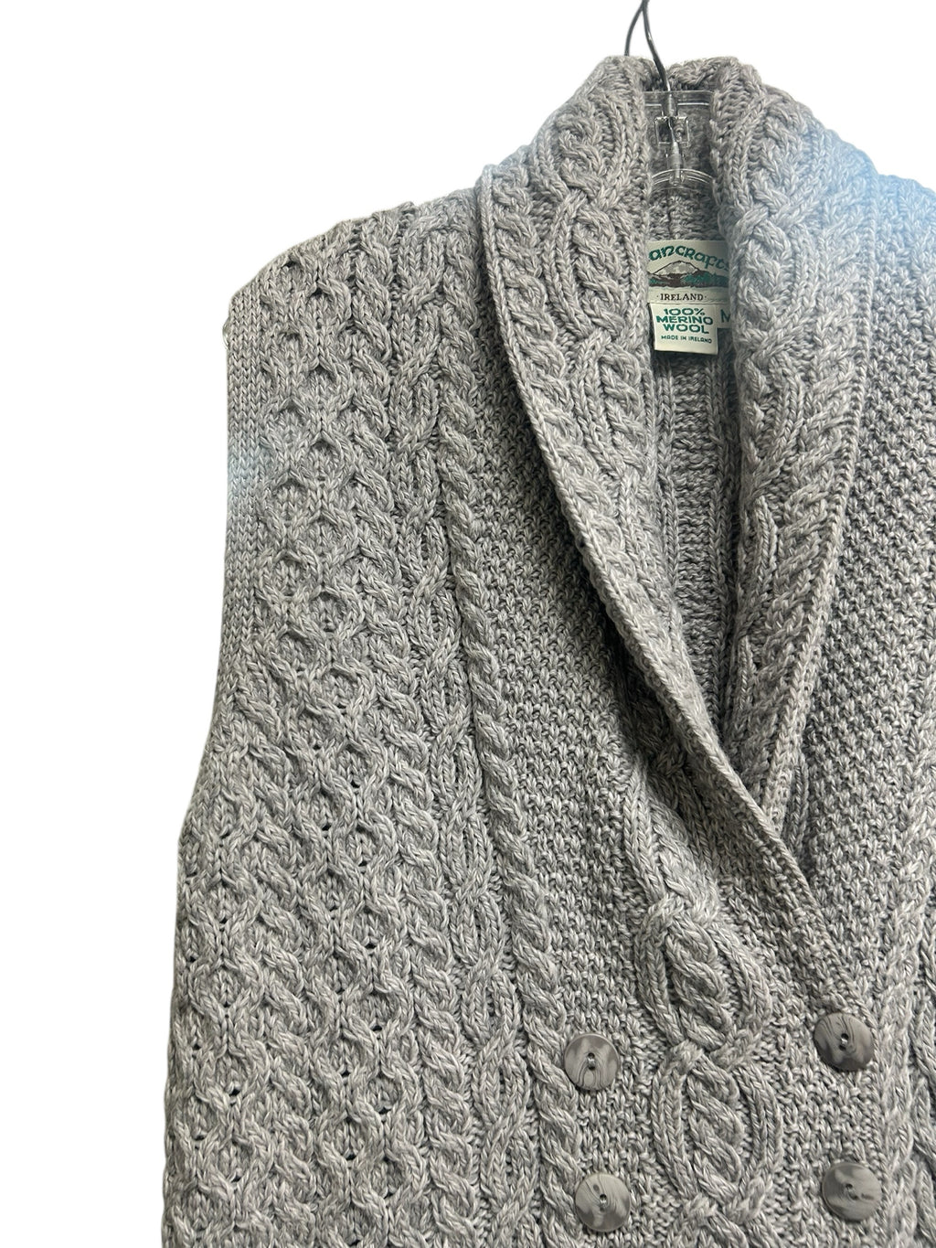 ARAN CRAFTS MERINO WOOL CABLE KNIT DOUBLE BREASTED LONG VEST SIZE MEDIUM