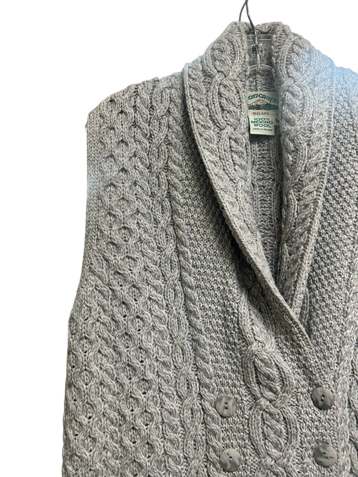 ARAN CRAFTS MERINO WOOL CABLE KNIT DOUBLE BREASTED LONG VEST SIZE MEDIUM