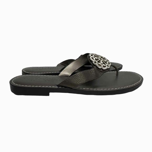 BRIGHTON ALICE THONG SANDAL PEWTER W/SILVER MEDALLION SIZE 9