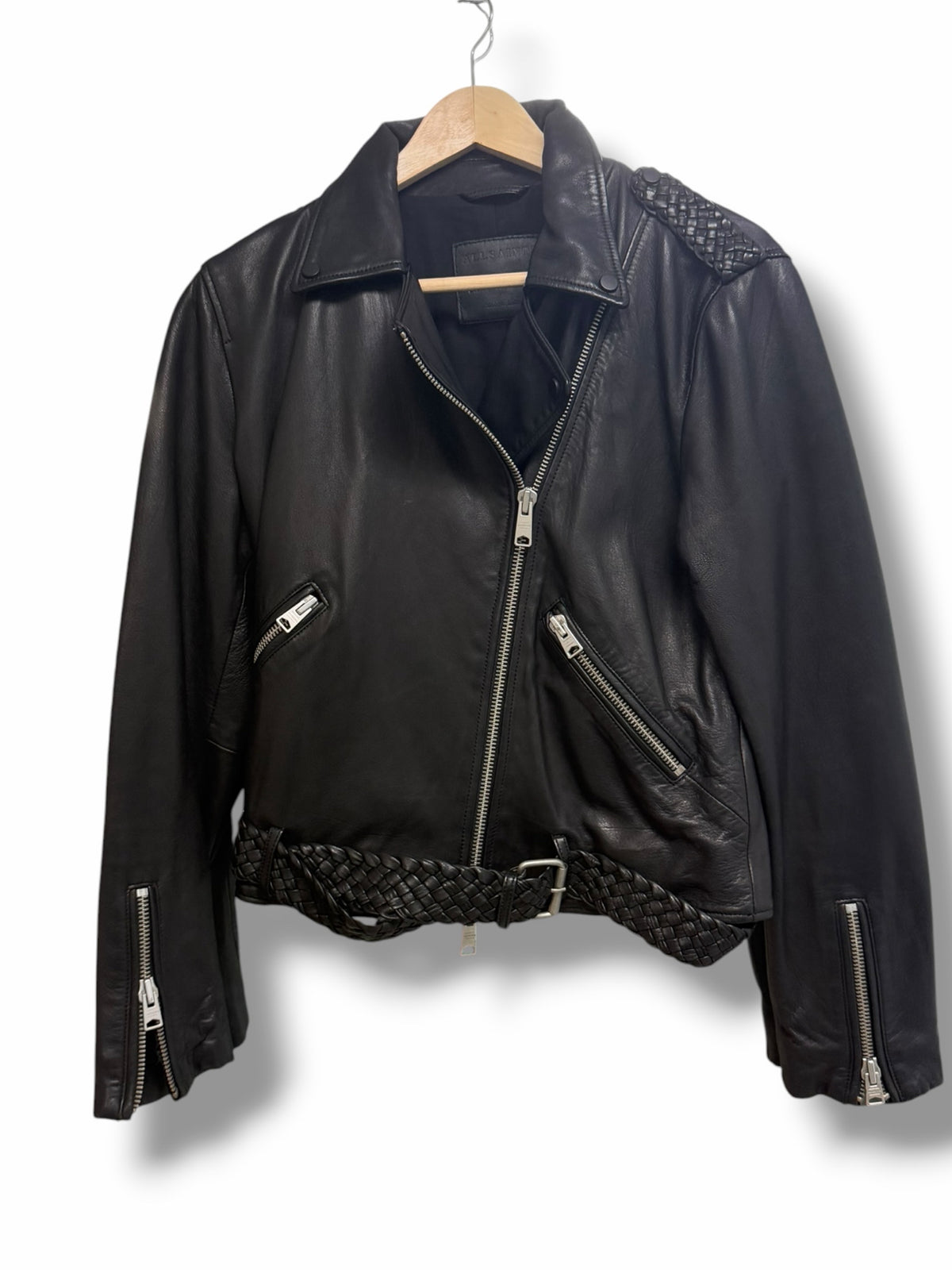 ALL SAINTS WYATT BRAIDED LAMB LEATHER BLACK BIKER MOTO JACKET SIZE 10