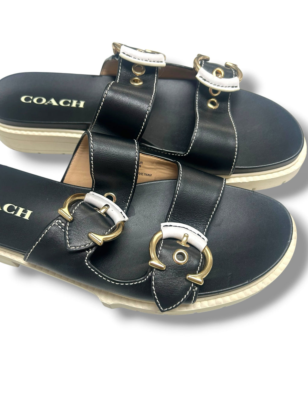 COACH BUCKLE PIPER BLACK CREAM PLATFORM SLIDE SANDALS SIZE 8.5
