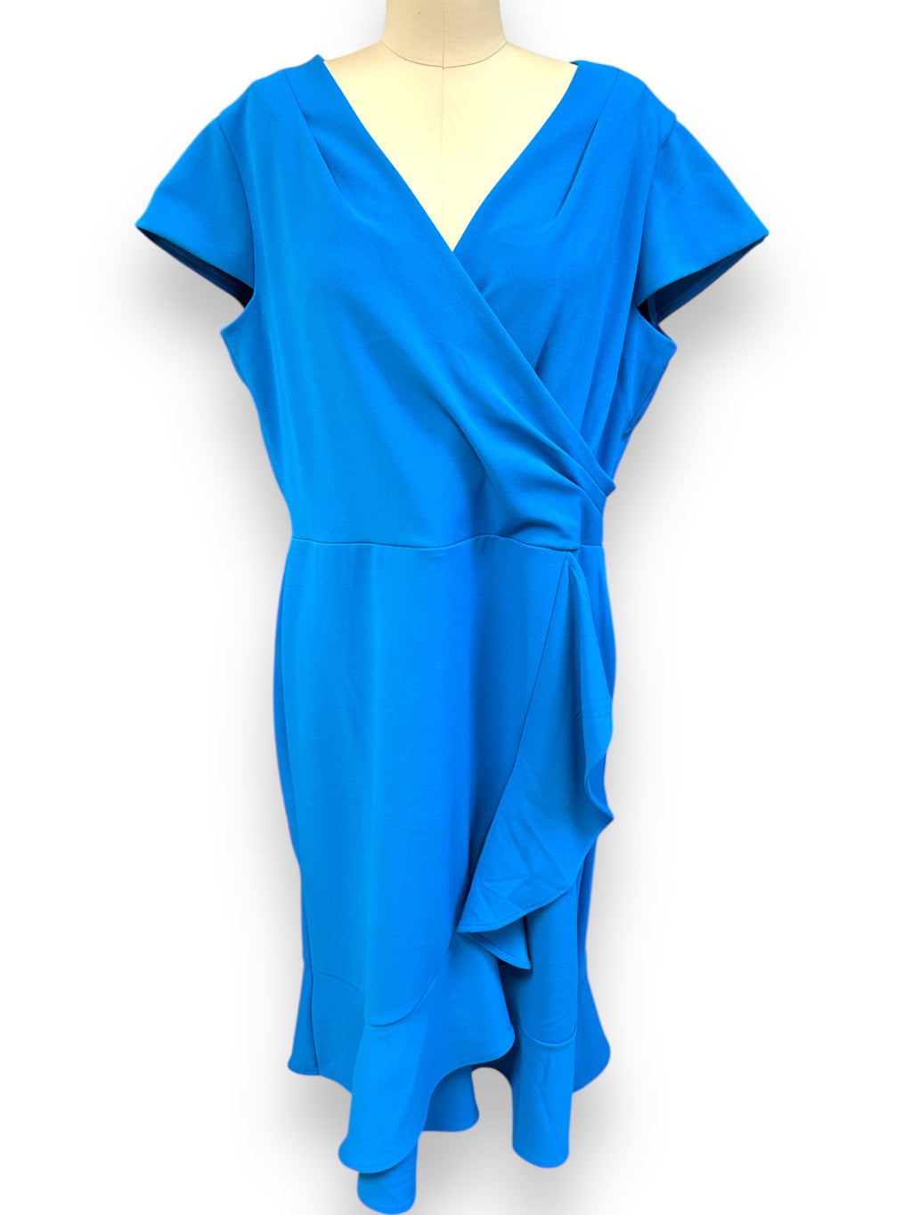 NEW! LONDON TIMES BLUE RUFFLE PONTE FAUX WRAP DRESS SIZE 18