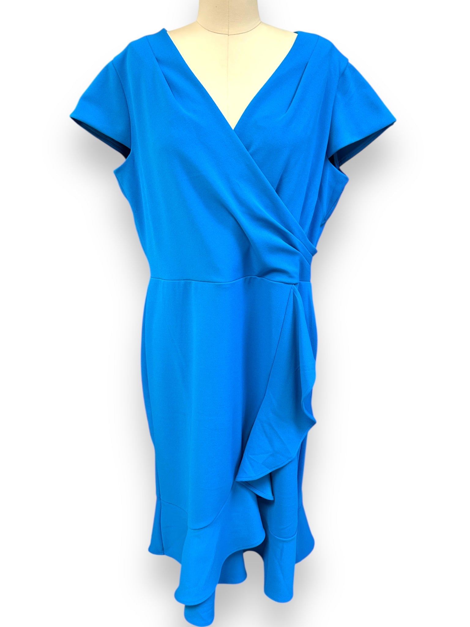 NEW! LONDON TIMES BLUE RUFFLE PONTE FAUX WRAP DRESS SIZE 18