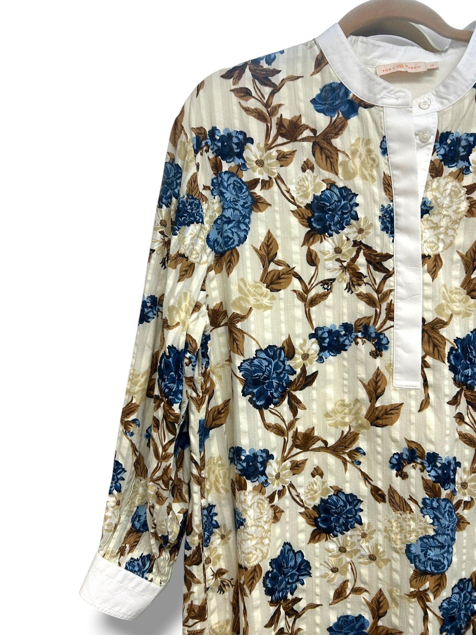 TORY BURCH FLORAL TUNIC COTTON BLUE CREAM MIDI DRESS SIZE LARGE *NO BELT*