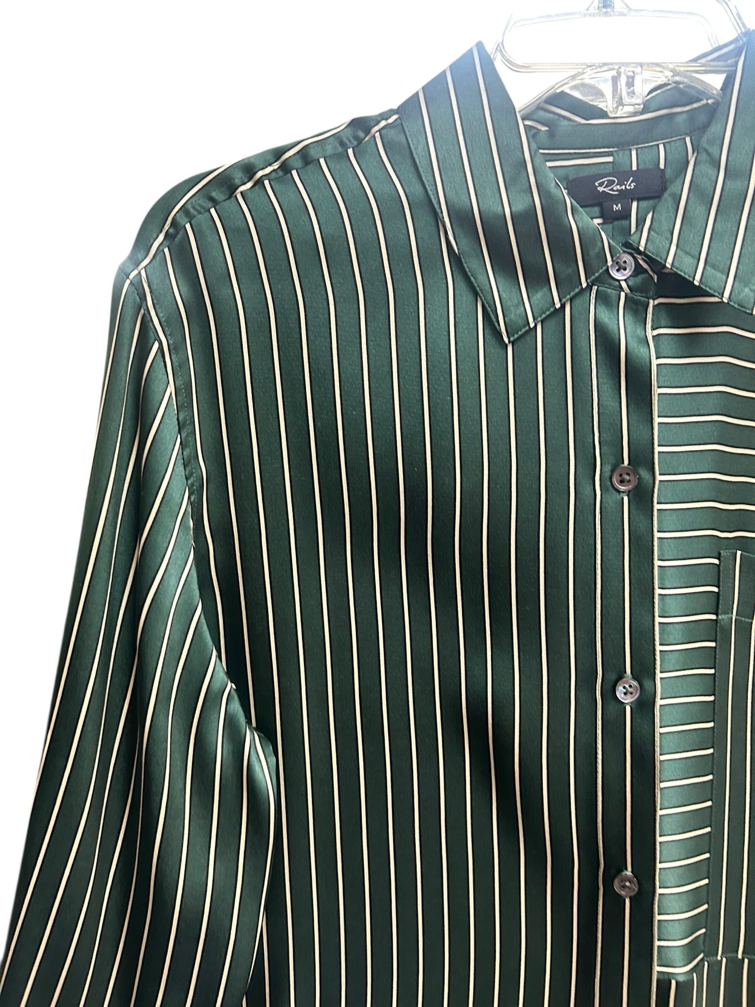 RAILS SPENCER SILK SHIRT IN FOREST STRIPE GREEN STRIPE BUTTON UP SIZE MEDIUM