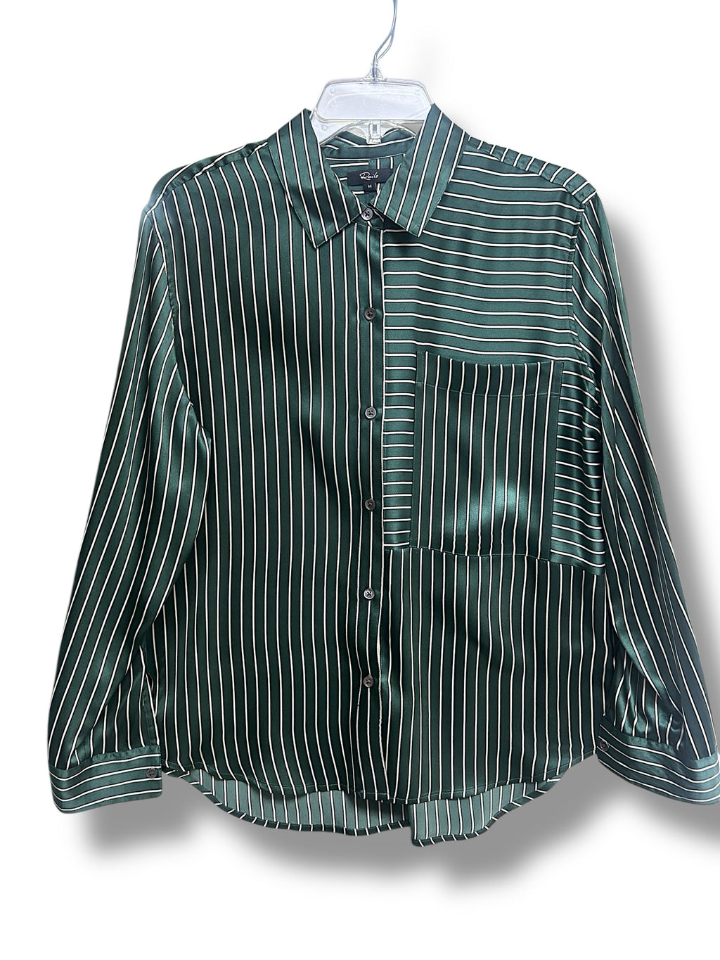 RAILS SPENCER SILK SHIRT IN FOREST STRIPE GREEN STRIPE BUTTON UP SIZE MEDIUM