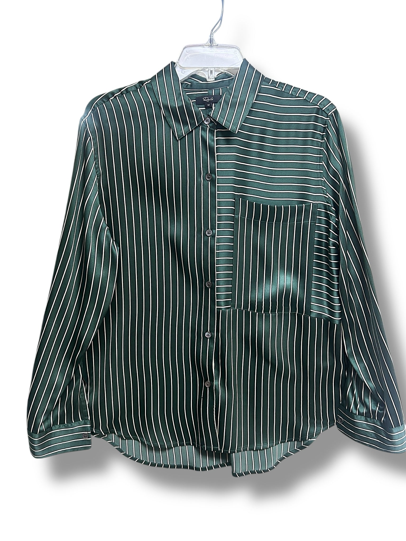 RAILS SPENCER SILK SHIRT IN FOREST STRIPE GREEN STRIPE BUTTON UP SIZE MEDIUM