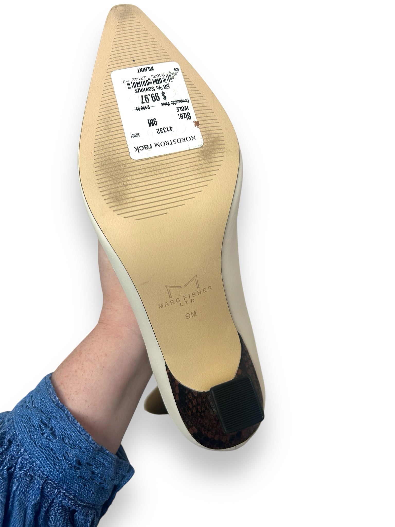 MARC FISHER SNAKE HEEL POINT CREAM LEATHER TOE BOOTIE SIZE 9