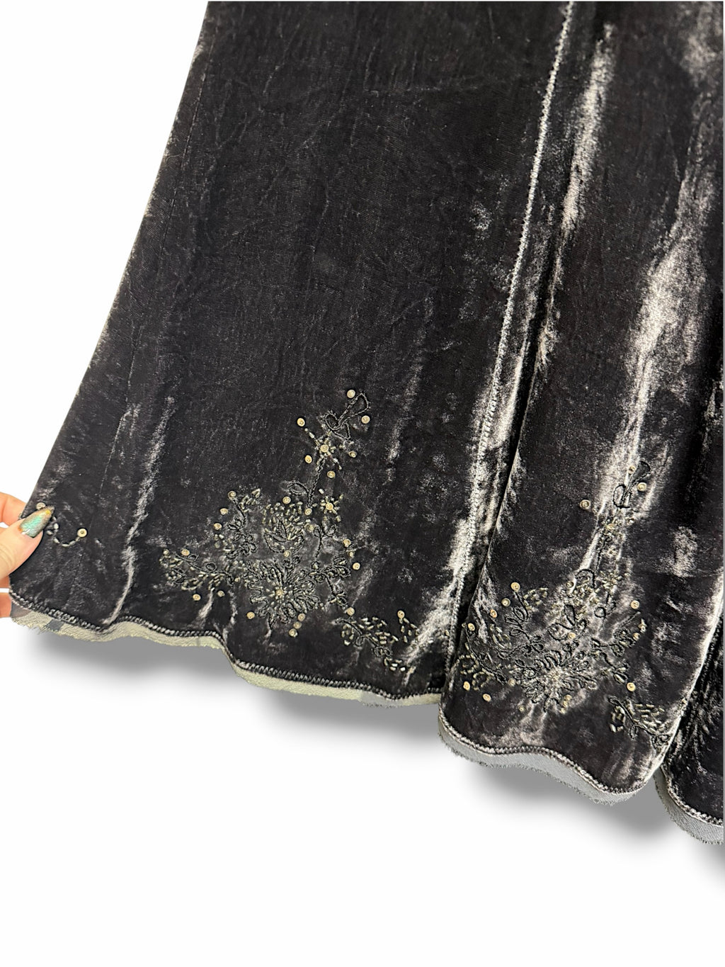 NWT GERARD DAREL CRUSHED VELVET SILK LINED BEADED GRAY MIDI SKIRT SIZE 38 US XS