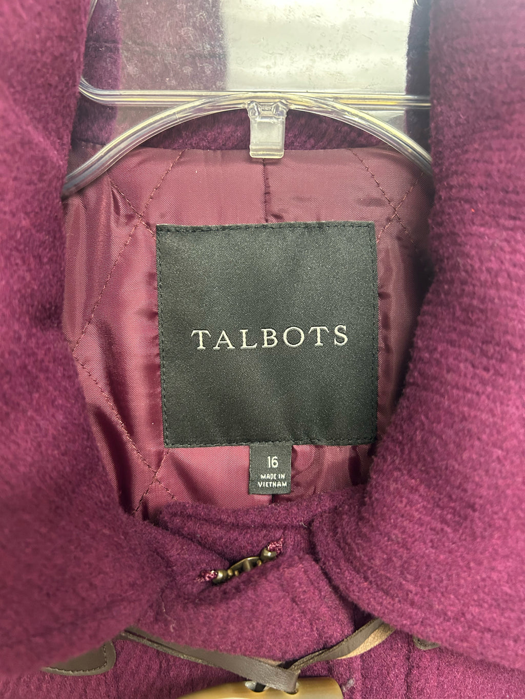 TALBOTS PLUM WOOL BLEND THINSULATE PEACOAT TOGGLE CLOSURE SIZE 16