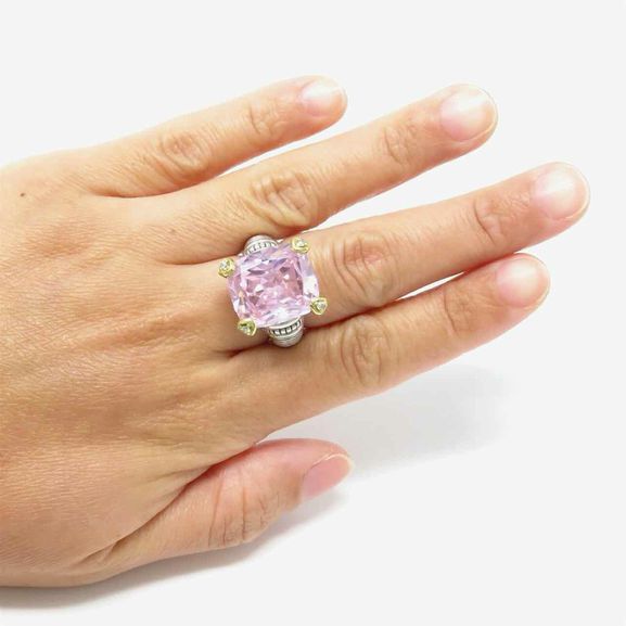 JUDITH RIPKA FONTAINE 18K GOLD STERLING SILVER PINK CRYSTAL DIAMOND HEART RING SIZE: 6