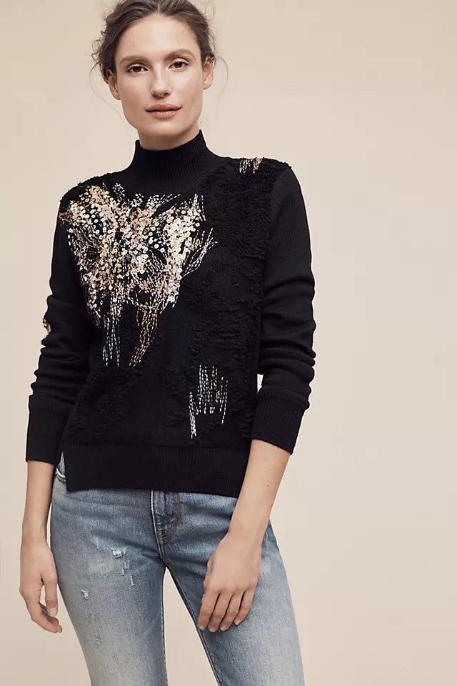 NWT ANTHROPOLOGIE KNITTED & KNOTTED FETE SEQUIN MOCKNECK SWEATER LARGE