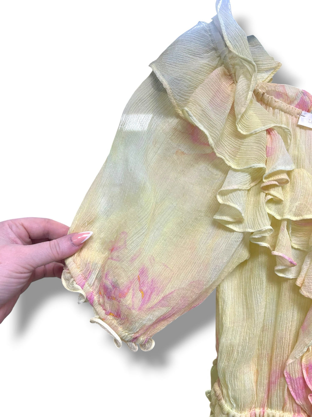 LOVE SHACK FANCY SHEER RUFFLE ALDER SILK BLOUSE YELLOW PINK SIZE XS