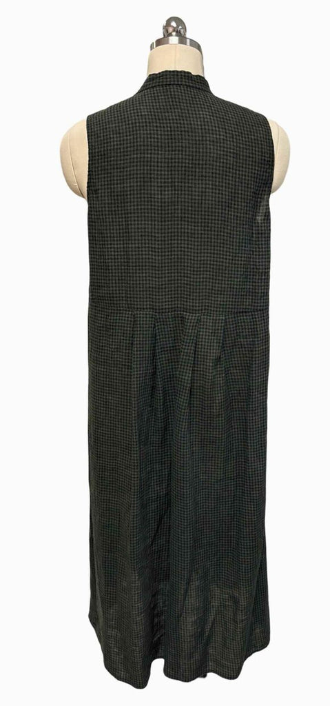 EILEEN FISHER ORGANIC LINEN SLEEVELESS GREEN/BLACK MIDI DRESS SIZE XS