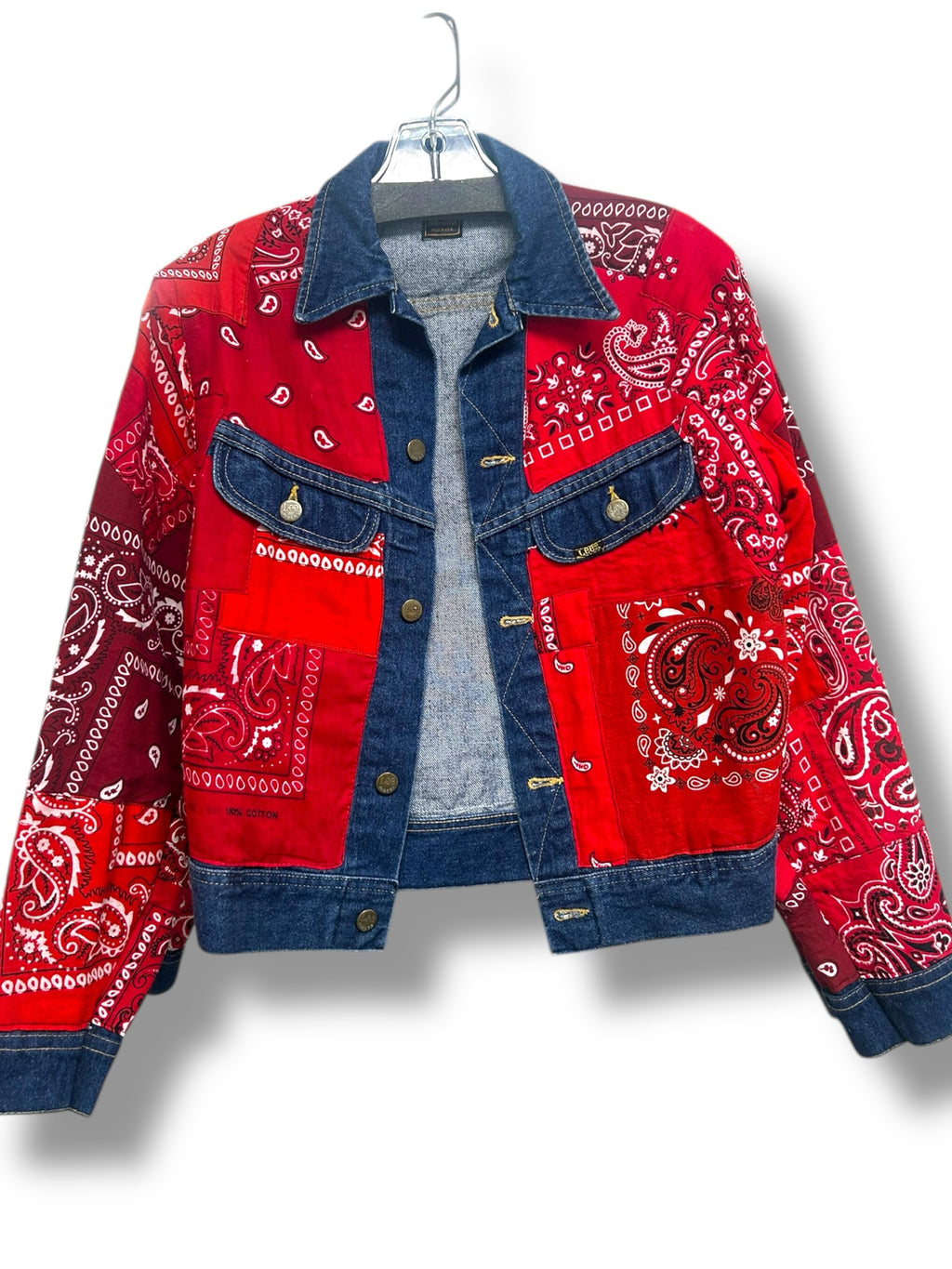 URBAN RENEWAL LEE RED BANDANA PATCH DENIM REWORKED JACKET SIZE MEDIUM