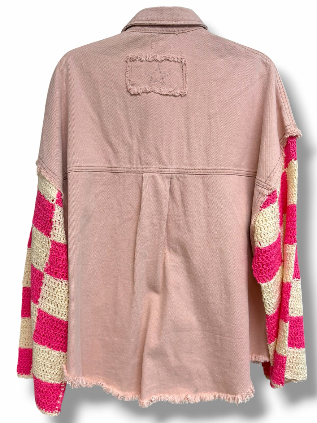 ANTHROPOLOGIE POL PINK CROCHET CHECKER SLEEVE SHACKET SIZE SMALL