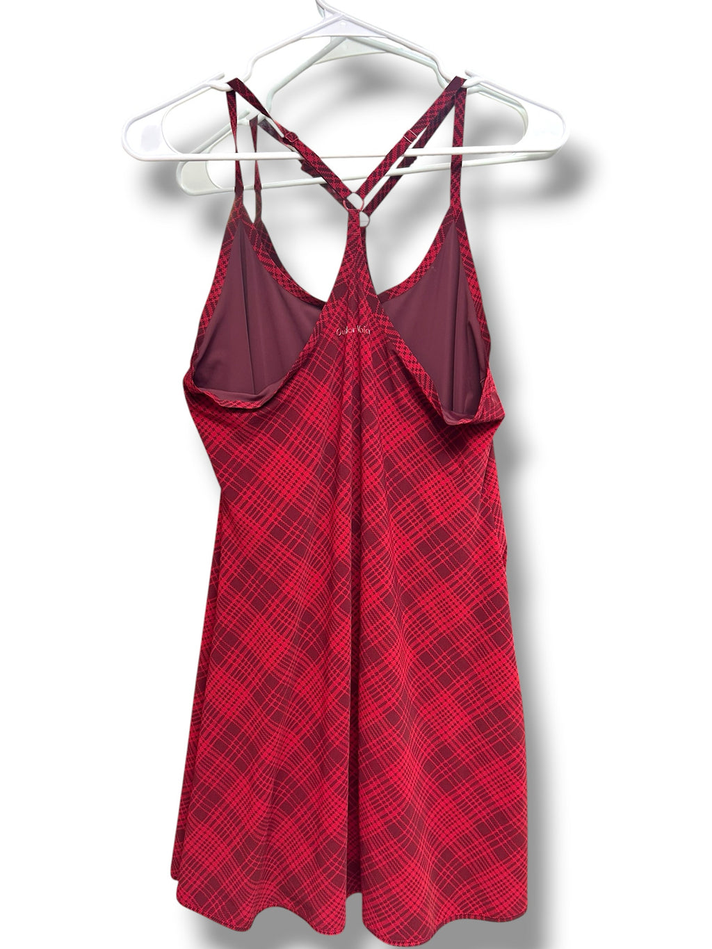 OUTDOOR VOICES THE EXERCISE DRESS IN POMEGRANATE PLAID SIZE MEDIUM