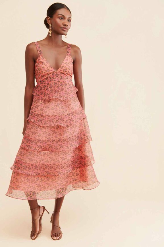 LOST + WANDER FLORAL TIERED VENUS RISING PRINT DRESS SIZE:M