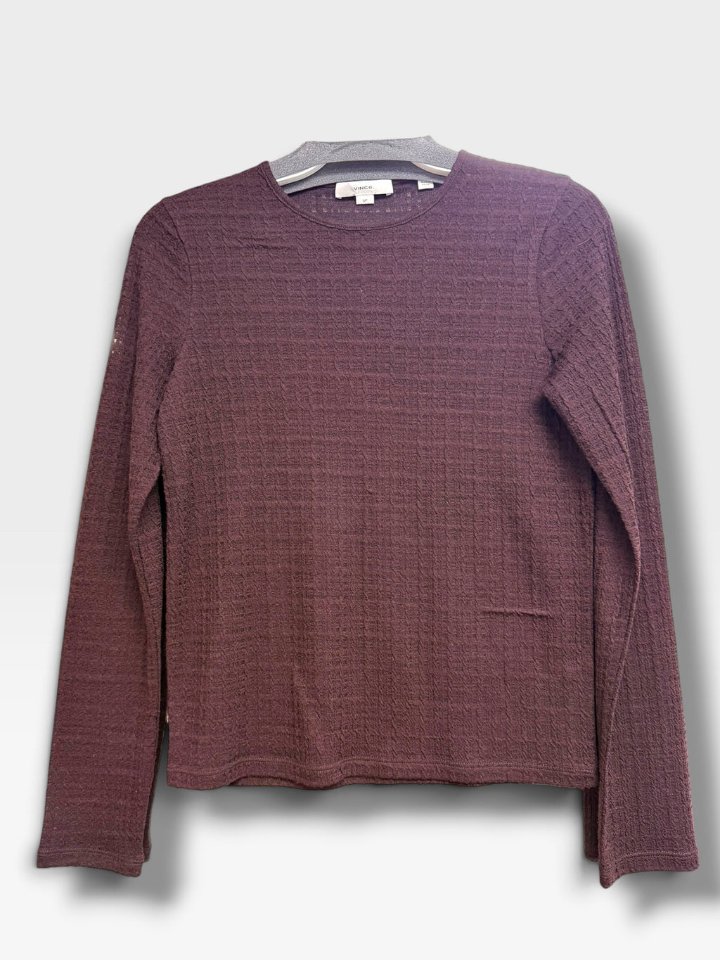 VINCE SHADOW GRID BROWN FIG WOOL BLEND KNIT LONG SLEEVE TOP SIZE SMALL