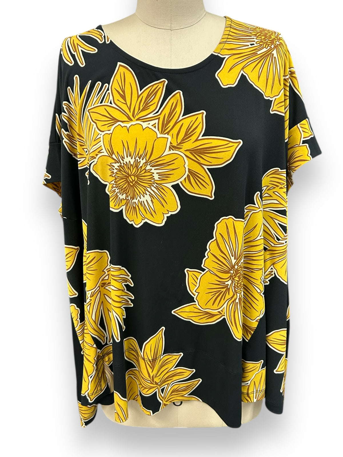 ALEMBIKA BLACK GOLD FLORAL SHORT SLEEVE A LINE TUNIC SIZE SMALL