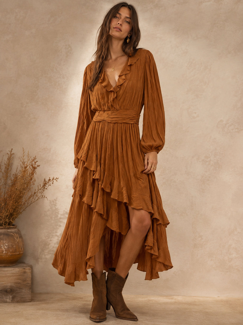 ANTHROPOLOGIE MILA MAE RUFFLE TIERED TERRA COTTA MAXI DRESS SIZE LARGE