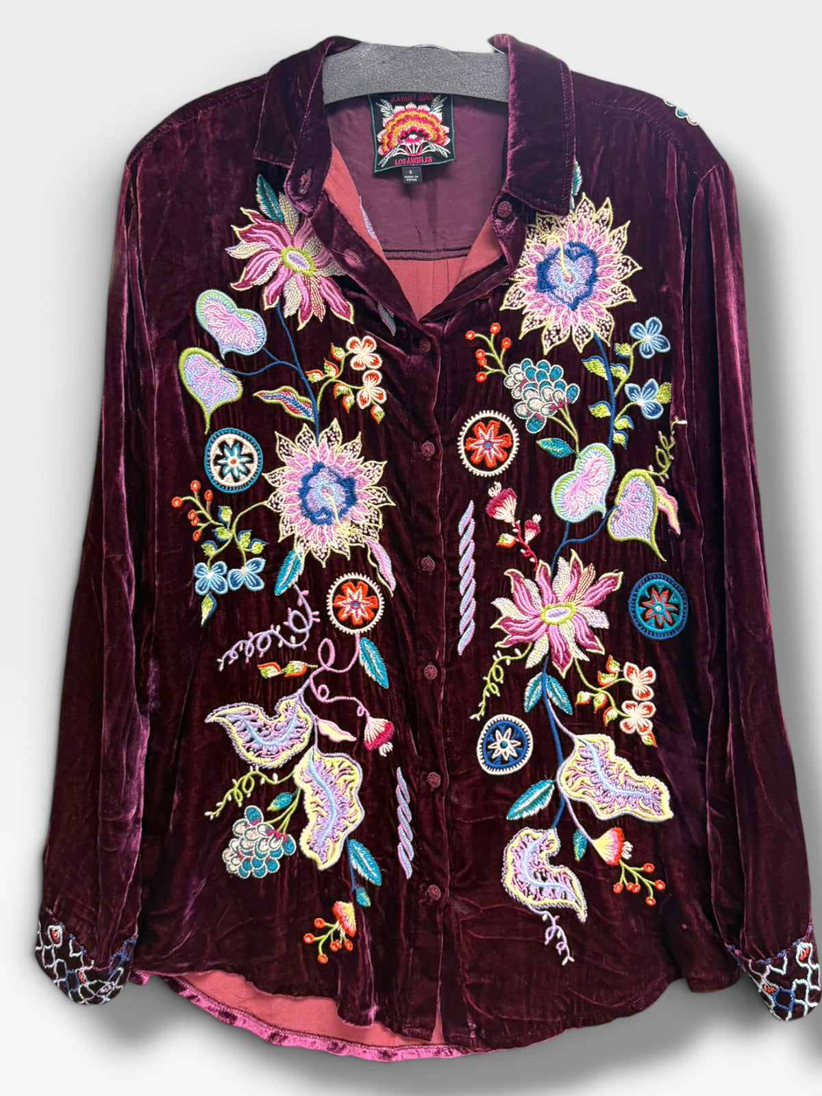 JOHNNY WAS PACIFICA VELVET OVERSIZED SILK BLEND EMBROIDERED SHIRT SIZE S