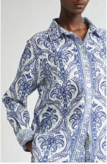 FARM RIO TROPICAL PRINT BLUE WHITE LINEN BLEND BUTTON UP TOP SIZE XL