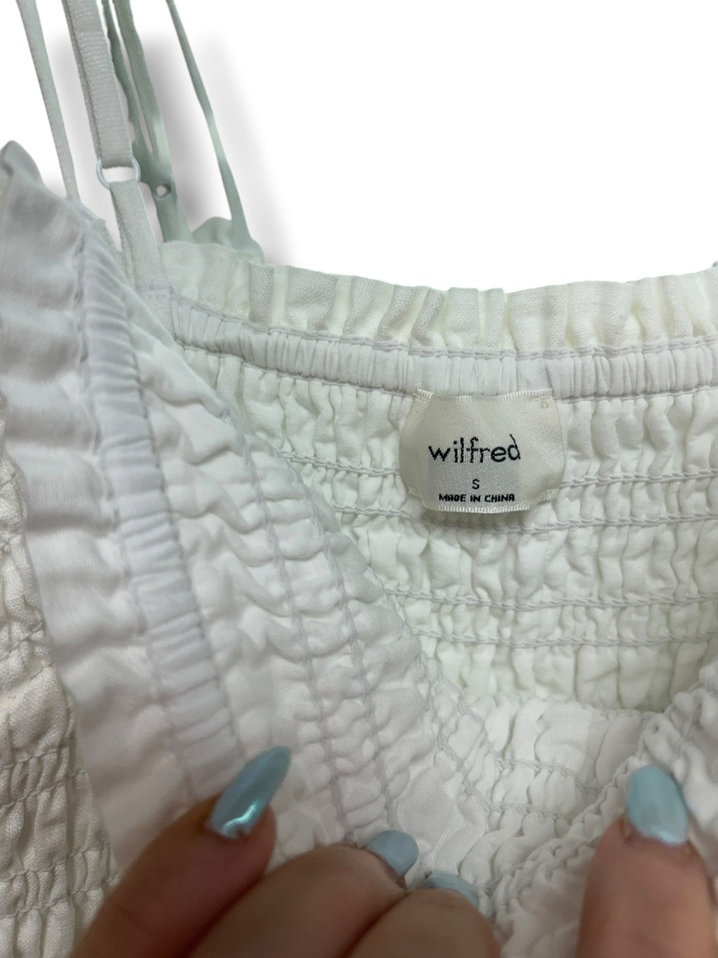 ARITZIA WILFRED CORINNE SMOCKED WHITE STRAPPY LINEN MINI DRESS SIZE SMALL