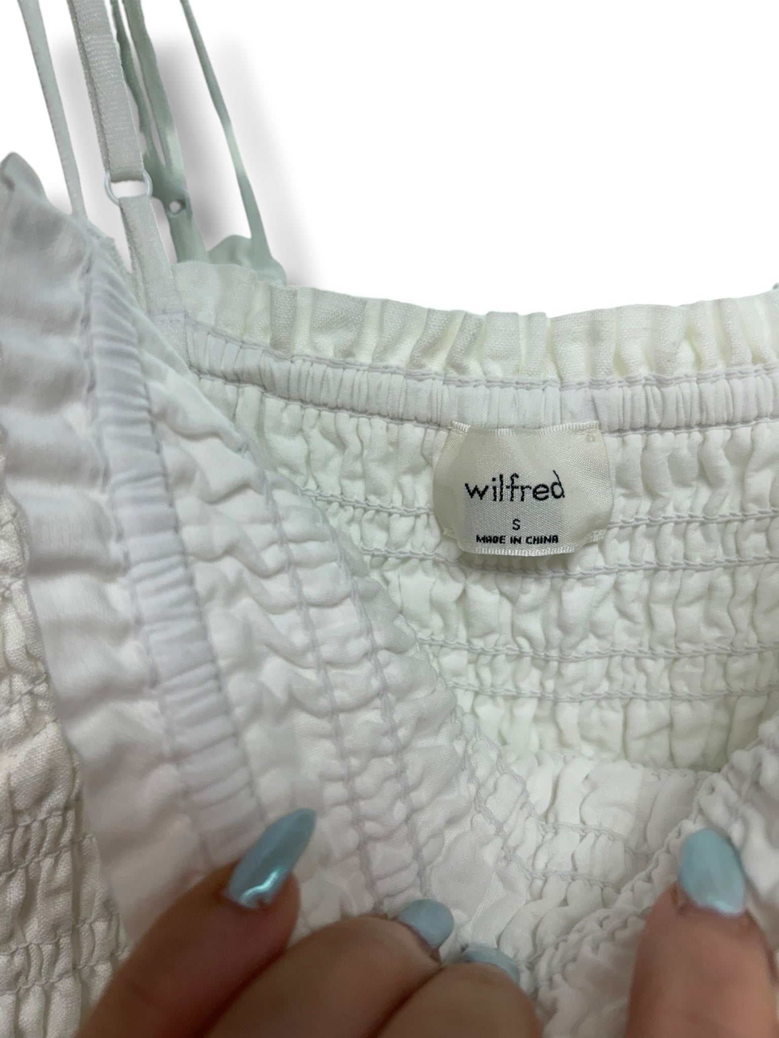 ARITZIA WILFRED CORINNE SMOCKED WHITE STRAPPY LINEN MINI DRESS SIZE SMALL