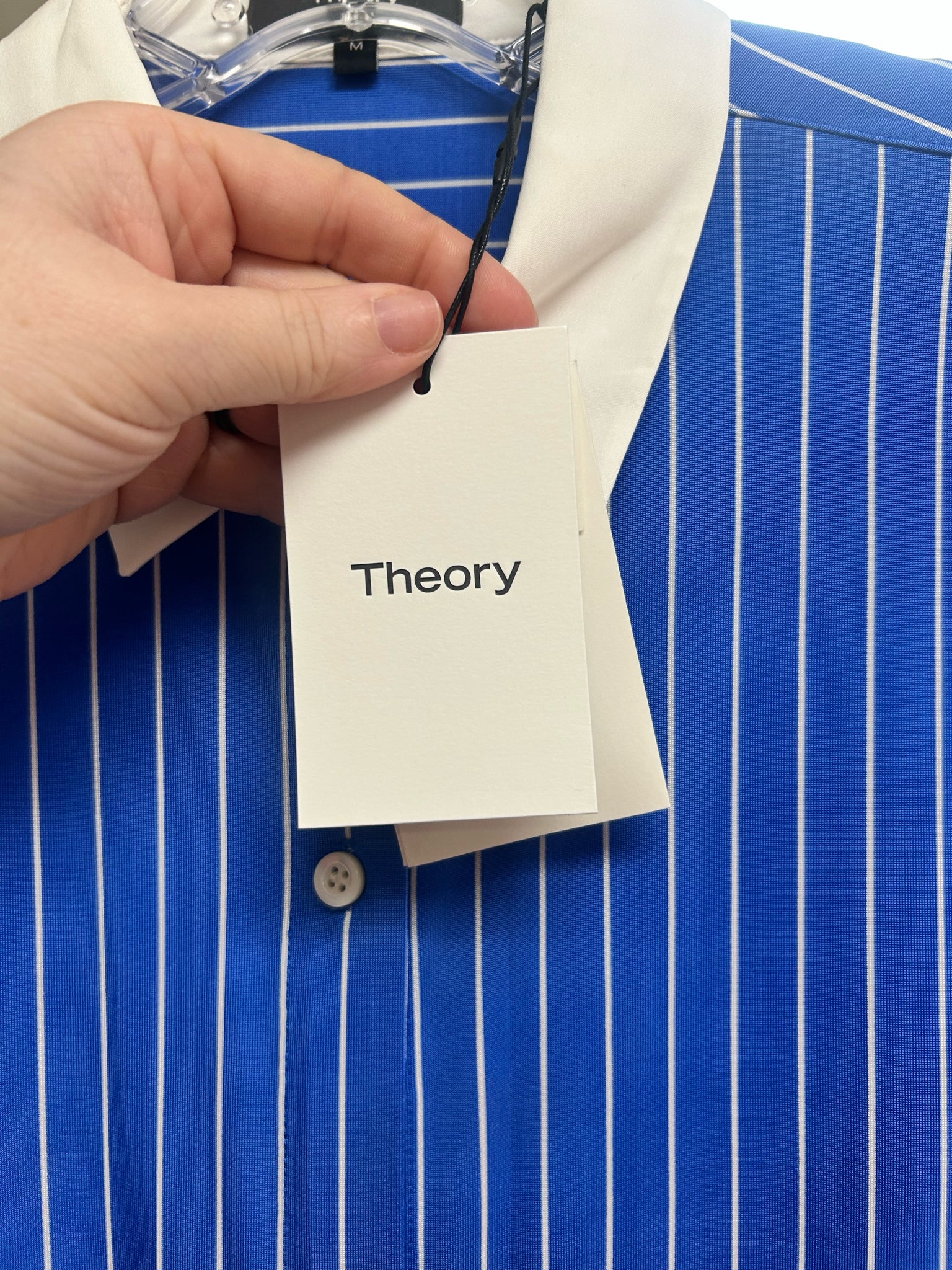 THEORY NWT ESSENTIAL BUTTON DOWN BLUE STRIPED JERSEY TOP SIZE MEDIUM